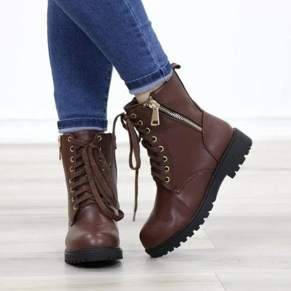 Faux leather brown laced up combat boots - Picture 9 of 11